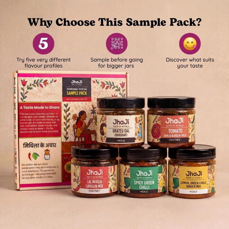 5 Spicy Pickles Sample Pack | Lal Mirch Lahsun, Green Chilli & More | 5×150g Jars - Image 2
